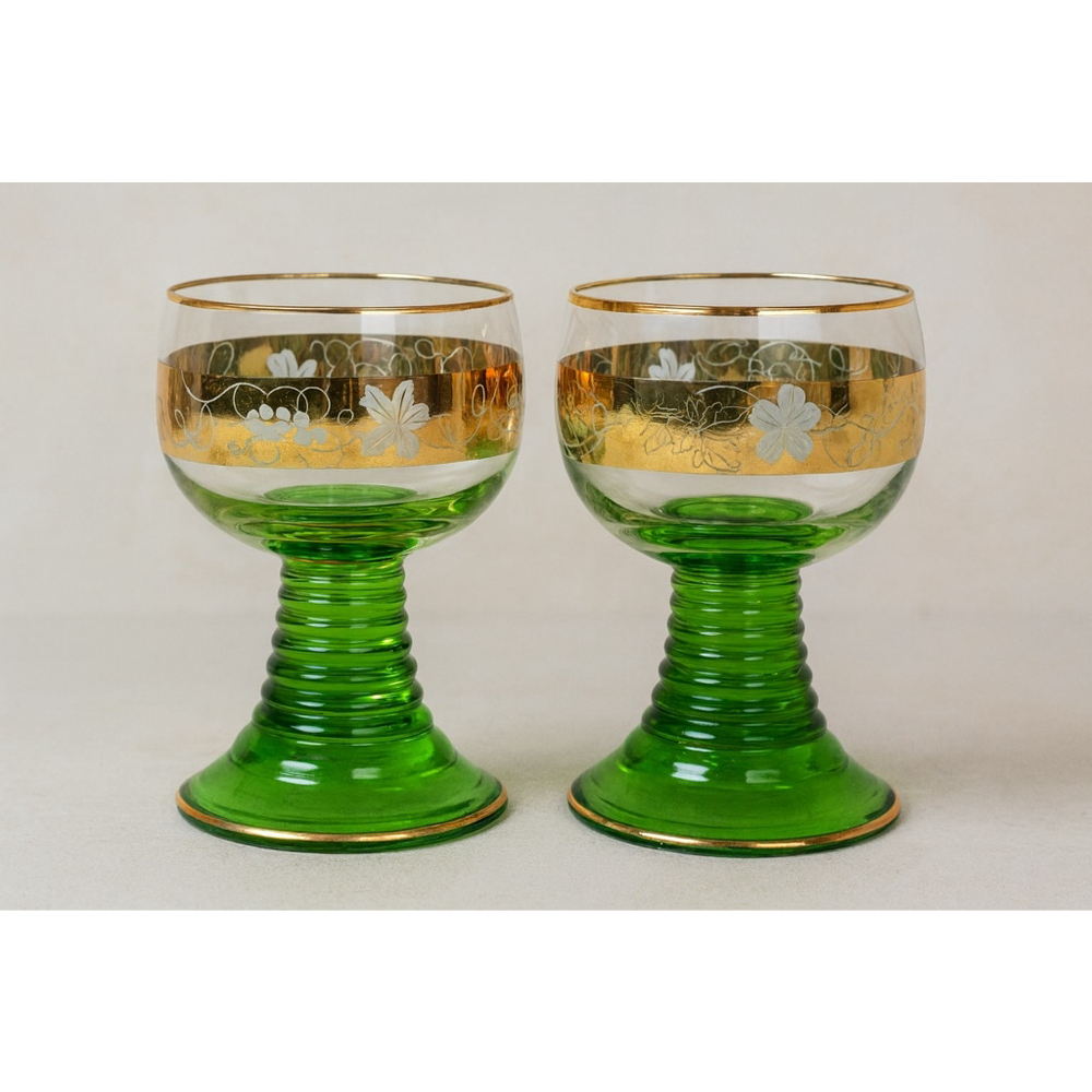 Pair of Vintage Gold Rimmed Green Stem Wine Glasses
